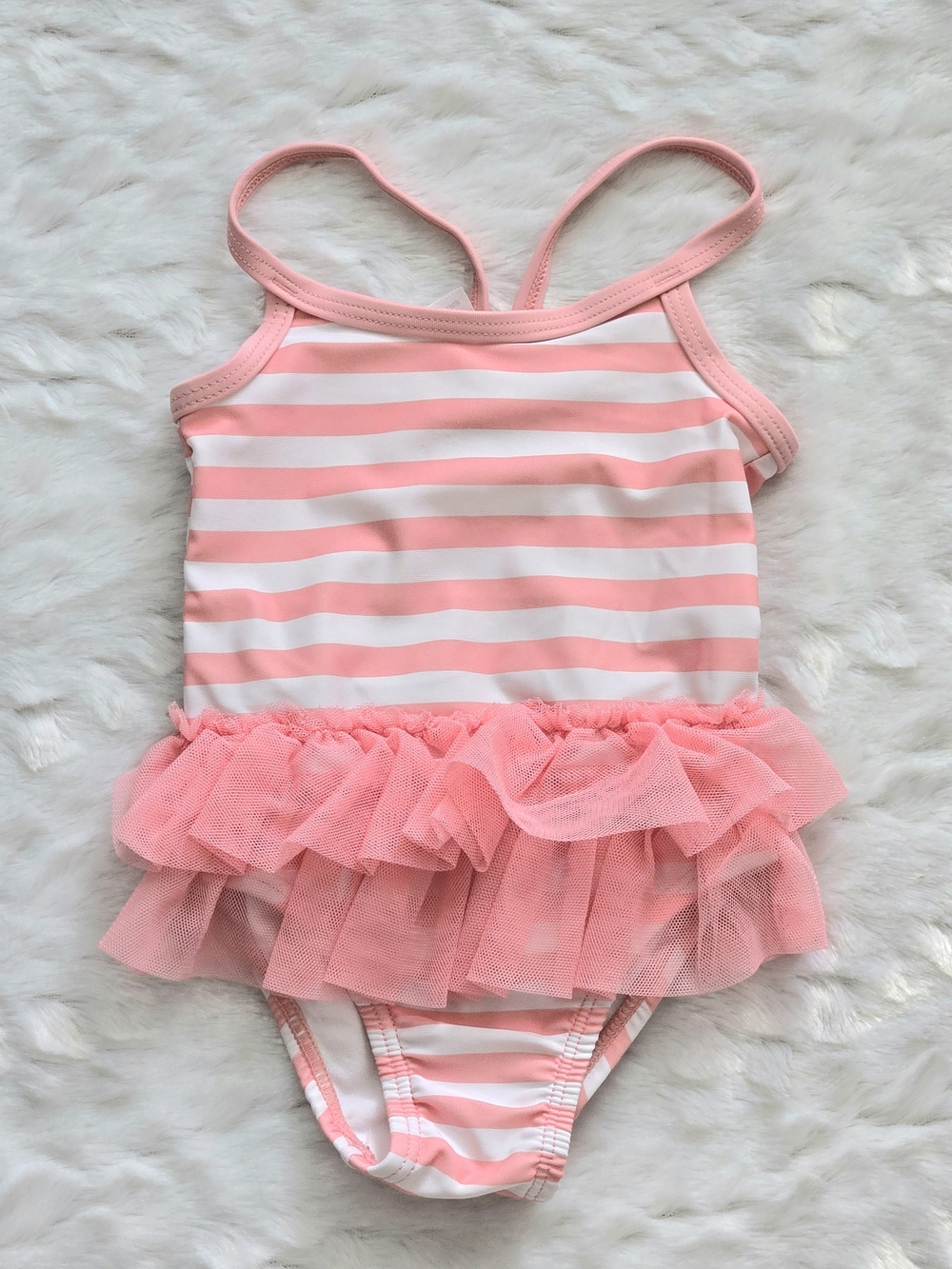 Target - Girls Pink and White Striped One-Pc Swimsuit with Tulle Skirt, Sz 3-6 M